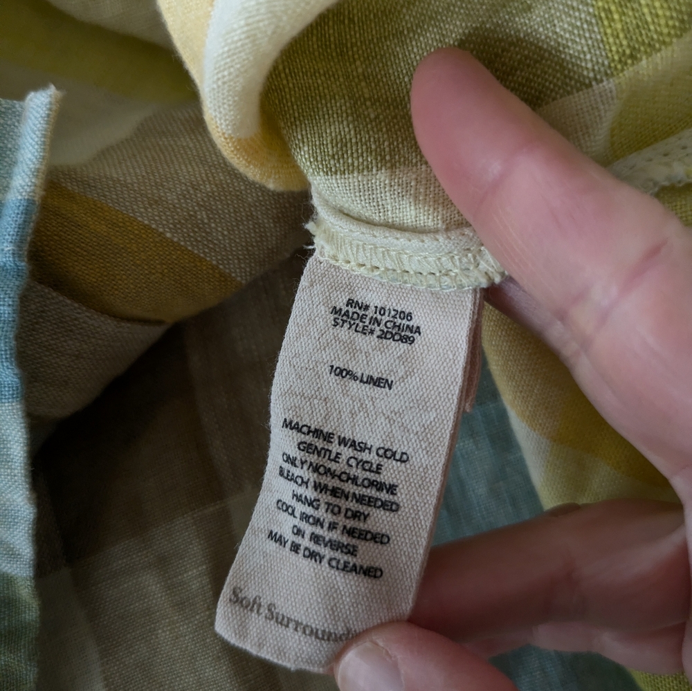 Soft‎ Surroundings Avalon Plaid 100% Linen Button Up Shirt Small Yellow Green - Picture 7 of 8